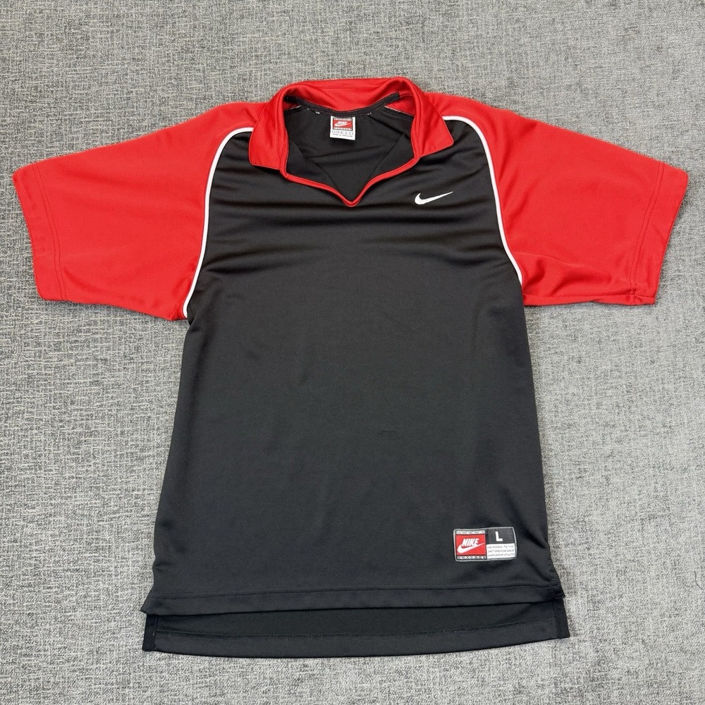 Vintage Nike Team Sports Shirt Polo Men's Large Black Red‎ V Neck Logo 90's